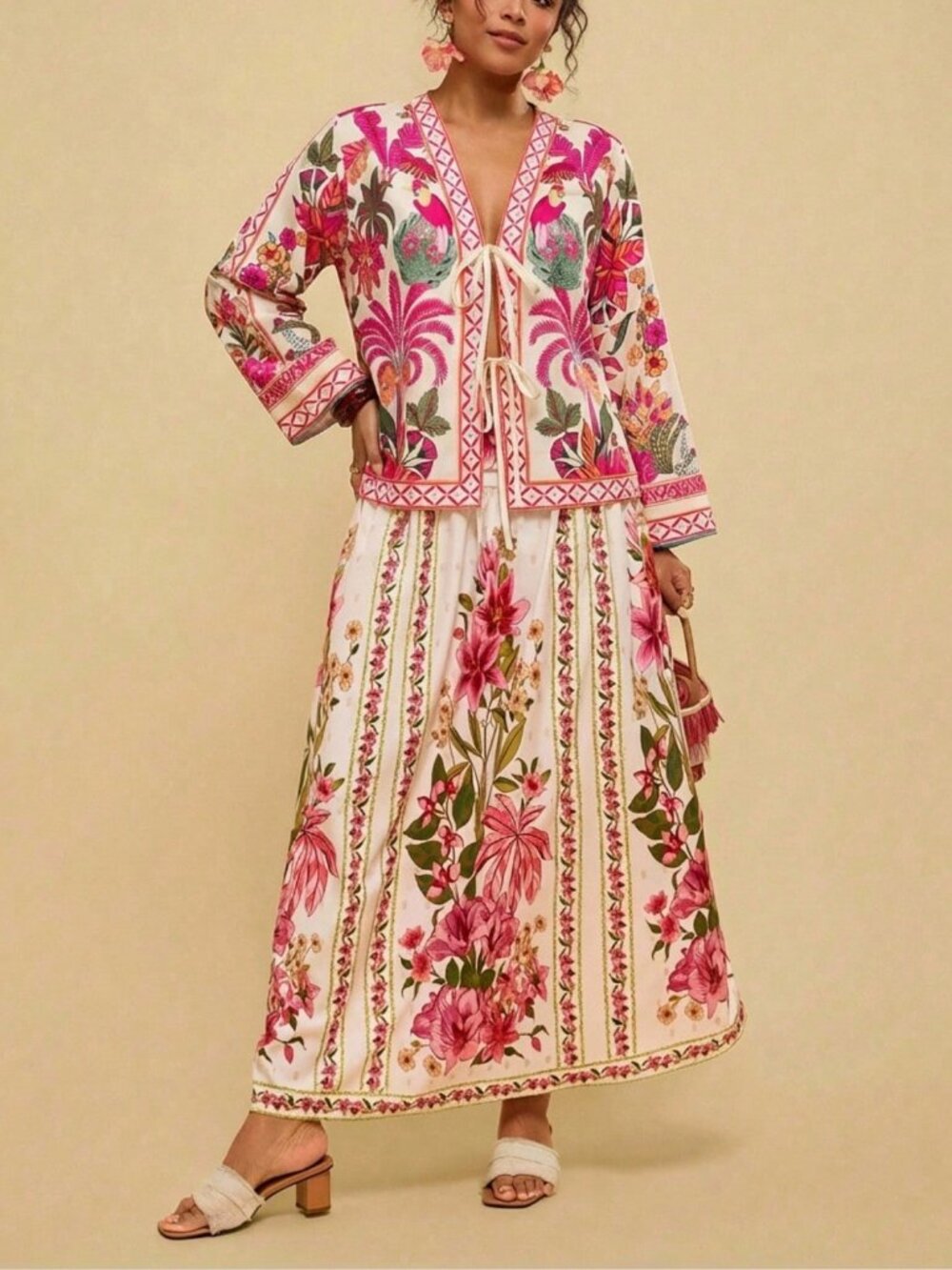 Hot Pink Boho Women's Print Tie Front Casual Plus Size Blouse - Picture 7 of 7